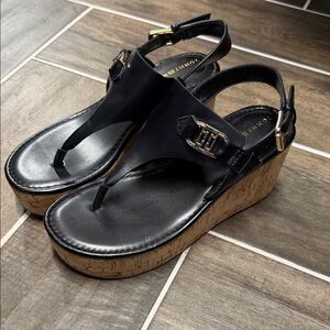 Tommy Hilfiger Black Leather Cork Platform Wedge Sandals